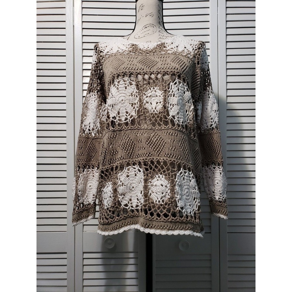 Reference Point Crochet Sweater Women's Size Medium Linen Blend Tan White Floral